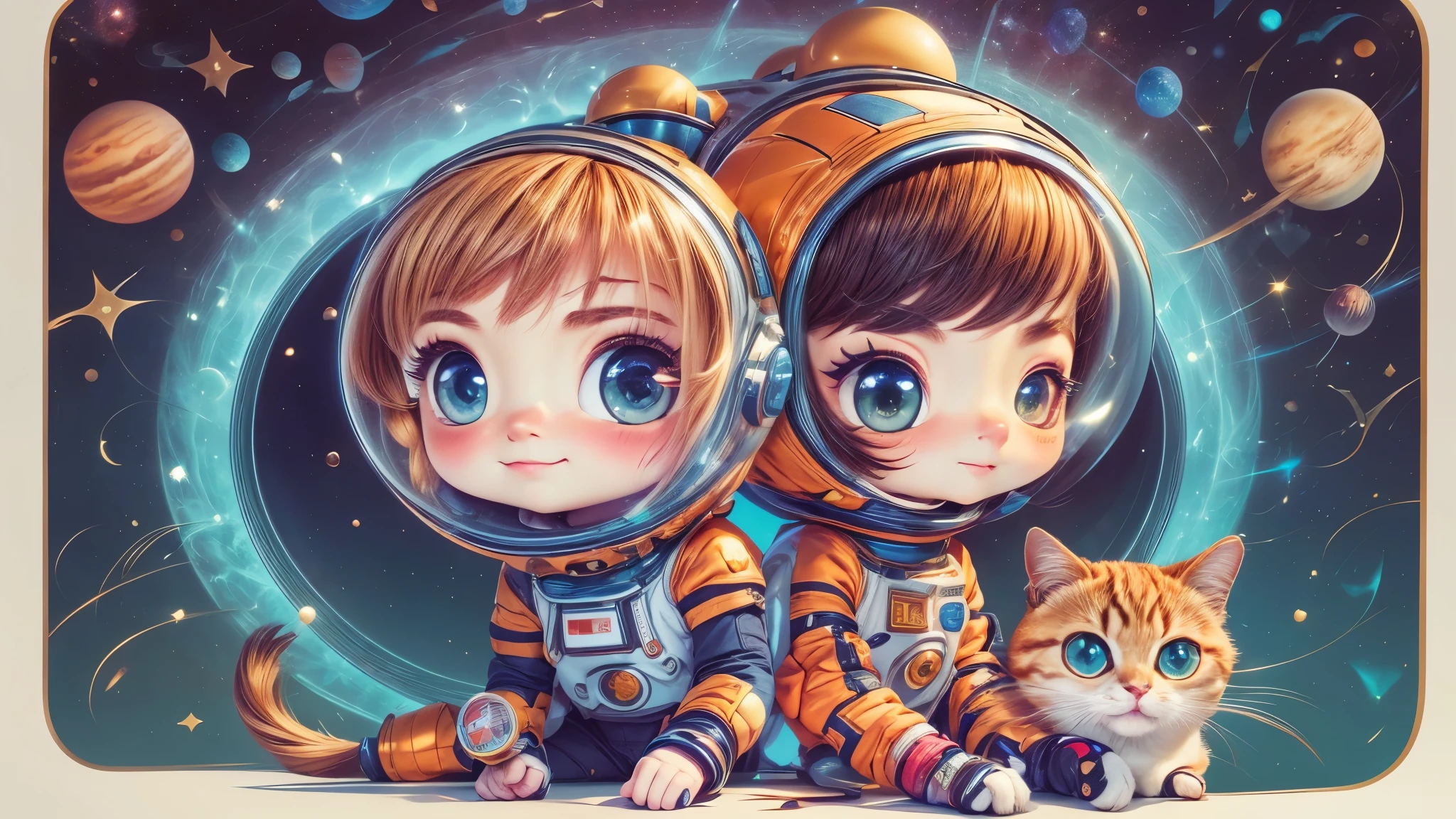 Cartoon illustration of a boy and a girl in space with cat, official fan art, in space, kitten in outer space, in outer space, in deep space, in galaxies, deep space exploration!!!, space travel, wearing in stars and planets, outer space, outer space, starry sky in space, in space, official art, space, on a spaceship, colorful, cute, more detailed, light, more realistic, cartoon