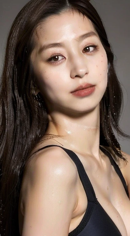 (highest quality, 8k, 32k, masterpiece, Ultra-high resolution:1.2),Beautiful Japanese Women Photos, One girl, (Big Breasts), Tall Woman, Slim figure, (Dark brown hair), double eyelid, Wet swimsuit, Pool
