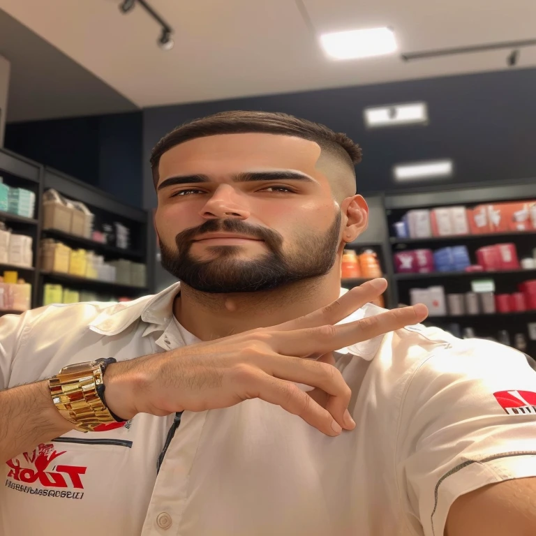 homem com barba, rosto fino e comprido, pele clara, cabelo castanho escuro, in a store making a peace sign with his hand,