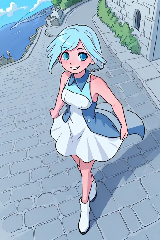 high resolution,high quality,Girl1people,Light blue hair,semi-long,Sleeveless dress,White dress,looking at the camera,smile,Cobblestone road,Blue sky