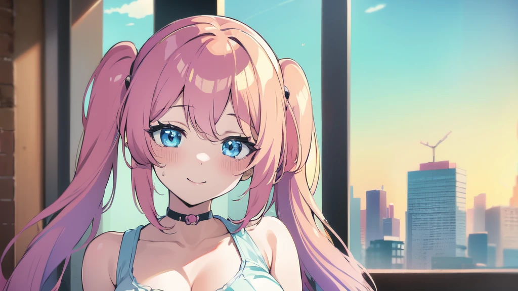 anime girl with pink hair and blue eyes making a peace sign, (1 girl) anime moe artstyle, pink twintail hair and cyan eyes, 2d anime style, shirabii, with index finger, cute anime face, twintails, anime vibes, soft anime illustration, an anime girl, in an anime style, anime visual of a cute girl, anime visual of a cute girl, smooth anime cg art, cute anime girl, young anime girl, an anime girl, female anime character, (anime girl), pretty anime girl, anime character art, anime character, big breast, full breast, large bossom, sexy girl, anime girl, portrait anime girl, anime moe artstyle, sayori, anime best girl (BEAUTIFUL SMILE)