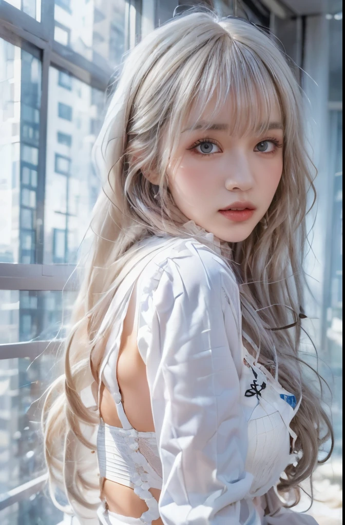 masterpiece,Best quality,high resolution,8K,(portrait),(Close-up of the portrait),(RAW photos),real picture,Digital Photography,(Girl in police uniform),19 year old girl,Long gray hair,By Bangs,(Blue and red gradient hair),(Red Eyes),Cute and charming,Shy,blush,cleveage,Full breasts,badge,Simple clothing patterns,shut your mouth,Blushing and Shy,(),Photo poses,Practical,Gray World Background,oc render reflection texture