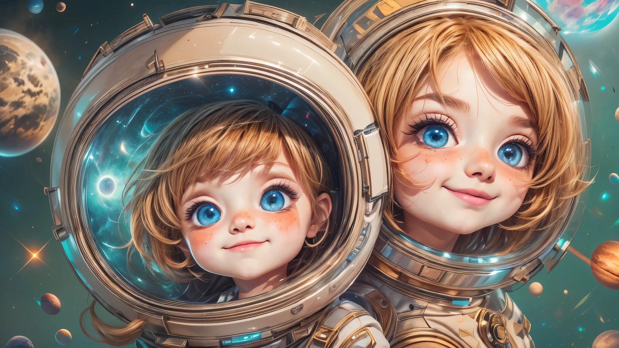 obra-prima, melhor qualidade, retrato, 1girl KIDS BLONDE, realista, ??? girl, sorrindo, rosto bonito, cabelo curto, capacete de astronauta, fundo do universo estrelado, luz verdadeira,