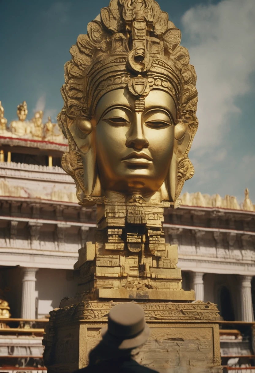 golden fertility idol, hovitos temple in the background, Sideshow, eerie moody, iconic hat, film grain movie scene.