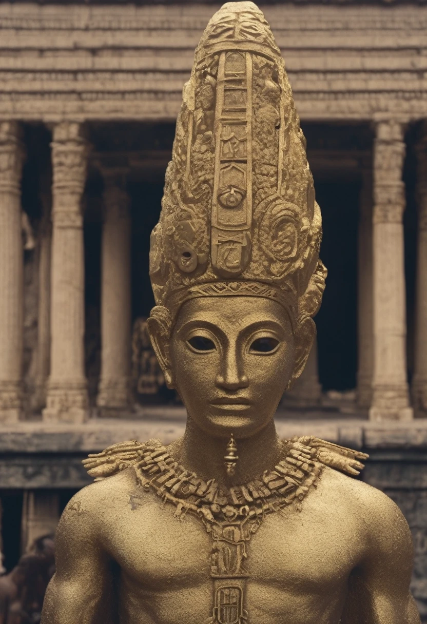 golden fertility idol, hovitos temple in the background, Sideshow, eerie moody, iconic hat, film grain movie scene.