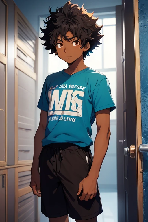 /(Boy),(Dark skin color ),(anime style of my hero academia),(brown eyes),(height 1.80),(16 year old teenager),(short curly black hair),(average physical height of a 16 year old teenager),(vestindo),+,(um short de cor vermelha masculina e uma  blusa azul masculina)