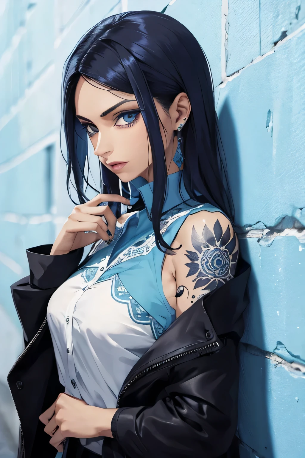 Mujer de mafia peligrosa, de piel morena, ojos afilados azul celeste, brazo izquierdo lleno de tatuajes en forma de llamas azules con camisa negra sin mangas