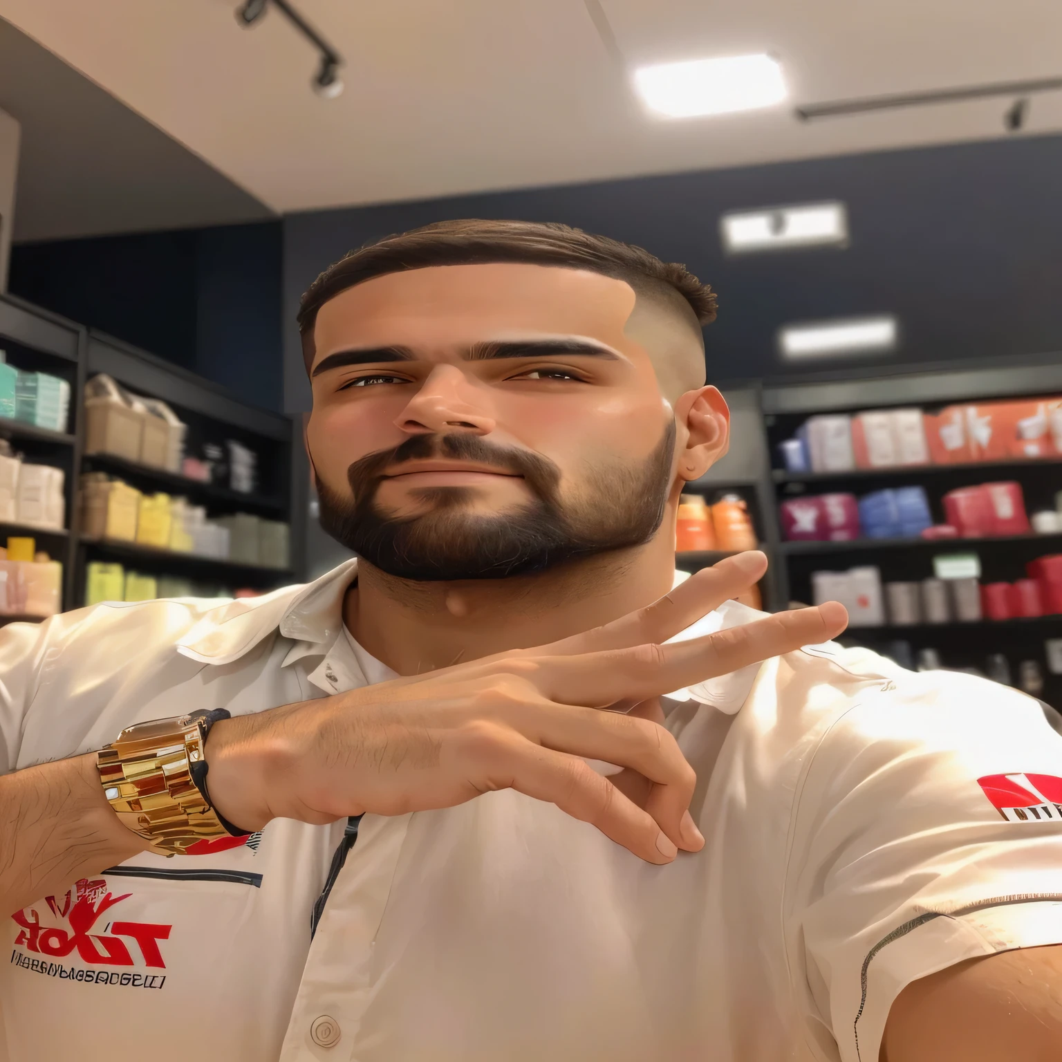 homem com barba, rosto fino e comprido, pele clara, cabelo castanho escuro, in a store making a peace sign with his hand,