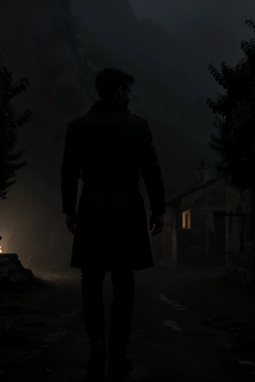 a silhouette of a young man in a small village in the Italian countryside in very terrifying weather looking at a cursed goat from afar in a very foggy darkness