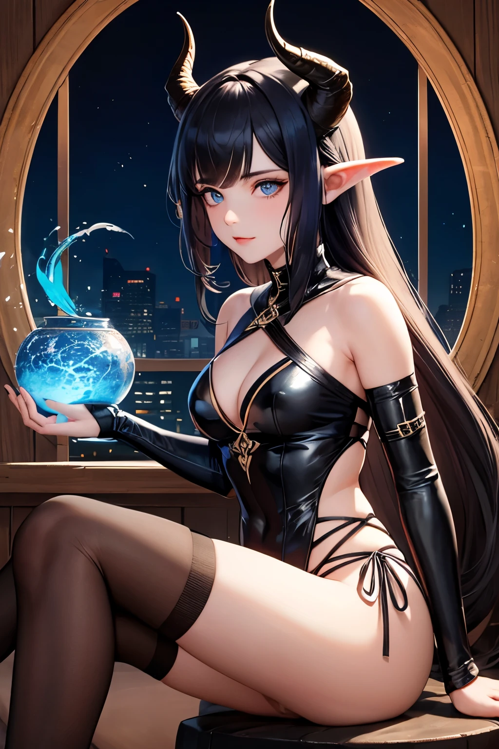 ((melhor qualidade)), ((Obra de arte)), (detalhado), tiefling feminino com a pele azul e olhos amarelos, cabelo preto longo ondulado, orelhas pontudas, tail and a pair of horns on the dark brown head curved backwards