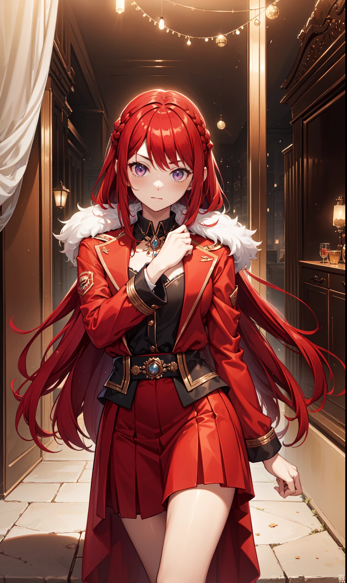 Royal Pride, Purple Eyes, Red hair, side fringe, long hair, red skirt, Red Jacket, Cowboy shooting, straight on, Serious, (Wearing Haute_Fashion,edg_skirt), edge, wearing edge eastern clothing,, absurd, ultra detailed, masterpiece, best quality, Aesthetic, detailed,