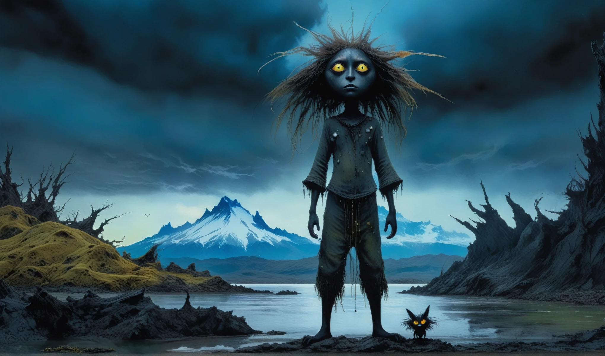 Chalcopyrite Mermaid,moana,golden black make up,longhair,goblin,freckles,pretty face,eyebrow up,full body shot,ominous landscape,glate gray atmosphere,Simon Stalenhag,Nicola Samori,Wangechi Mutu,prime colors,Lisa Frank, ,urban,extremely detailed, [night landscape],masterpiece,intricate details,faded,eyes extremely detailed, high detailed eyes,16k resolution,RAW, Nikon Z9,city on background,chinesse,pixie,sea,RAW,Retina,full body length,Obsidian Chalsedoon Nightcrawler,ominous landscape, niobium Obsidian atmosphere,dangerous atmosphere,intricate details,realistic humid skin,extremely intricate details,Epic Realistic, cinematic style,film grain,dramatic light,anatomically correct,faded,eyes extremely detailed, high detailed eyes,UHD,Retina,HDR,CinematicTechnicolor,natural skin textures, hyper realism, hyper detailed,High contrast,Realism,Ultra Detailed,irina yermolova,close full body shot, masterpiece,faded,8k resolution,RAW, Nikon Z9,Torres del Paine National Park of Chile