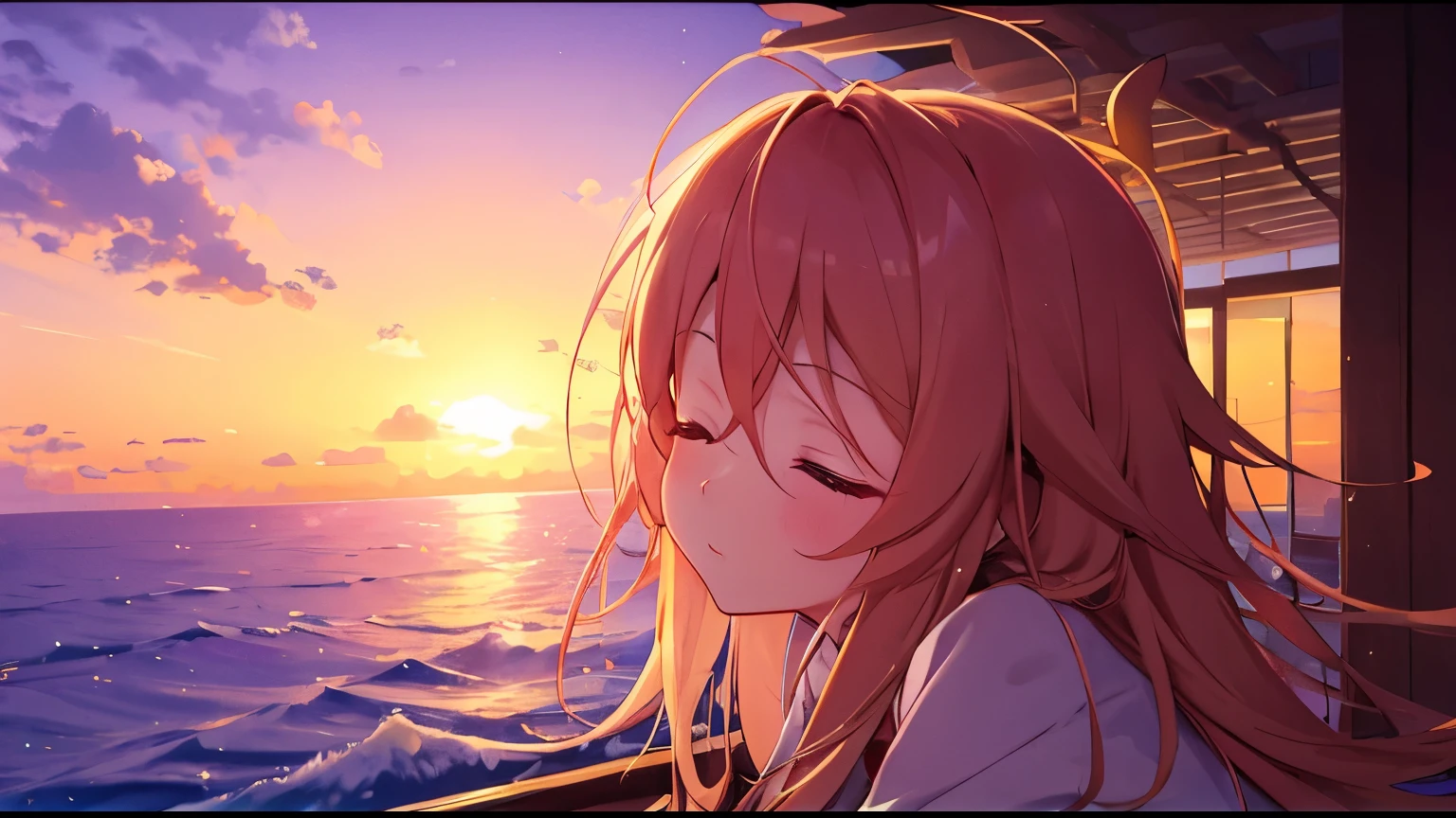 Close your eyes and imagine a peaceful sunset, with the soft glow of the sun and the calming notes of lofi music in the background.