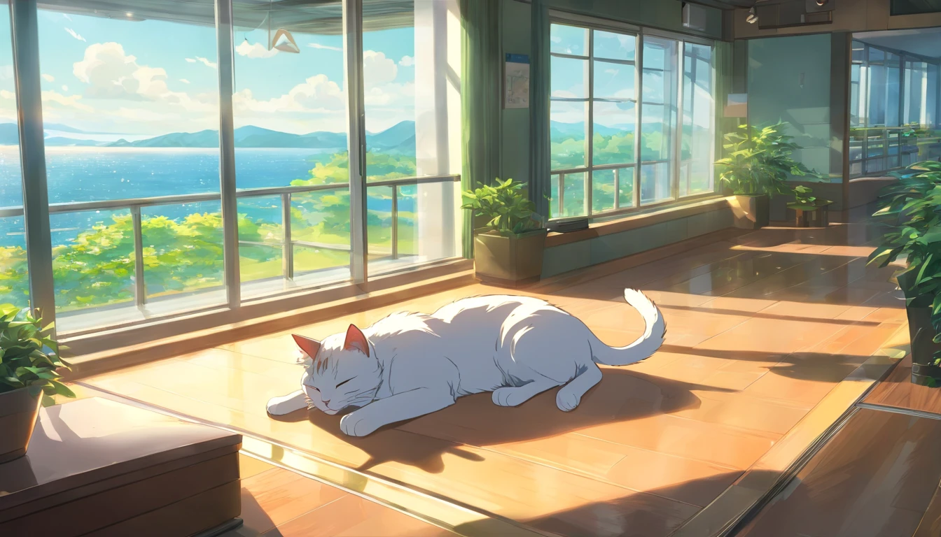 Cat sleeping in a big room, Glass House, Wide landscape,(highest quality,4K,8k,High resolution,masterpiece:1.2),Super detailed,(Realist,photo Realist,photo Realist:1.37),Detailed eyes,Detailed lips