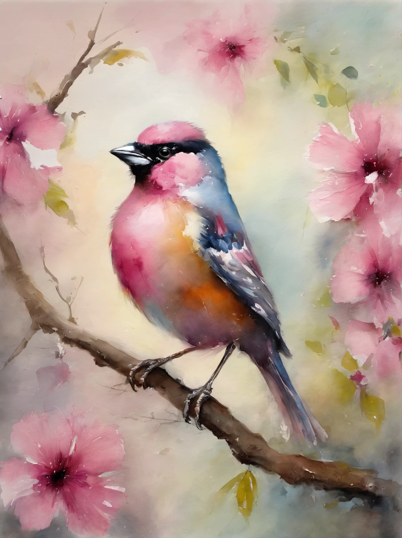 painting of a bird with a pink breast sitting on a branch, a pastel by David Park, Artstation, fine art, painted in acrylic, oil painted, oil painting!!!, acrylic, “ painting, acrylic painting, oil on board, covered in oil painting, beautiful!!!!!!!!!, acrylic and oil painting, very stylized, an oil paiting of a sparrow