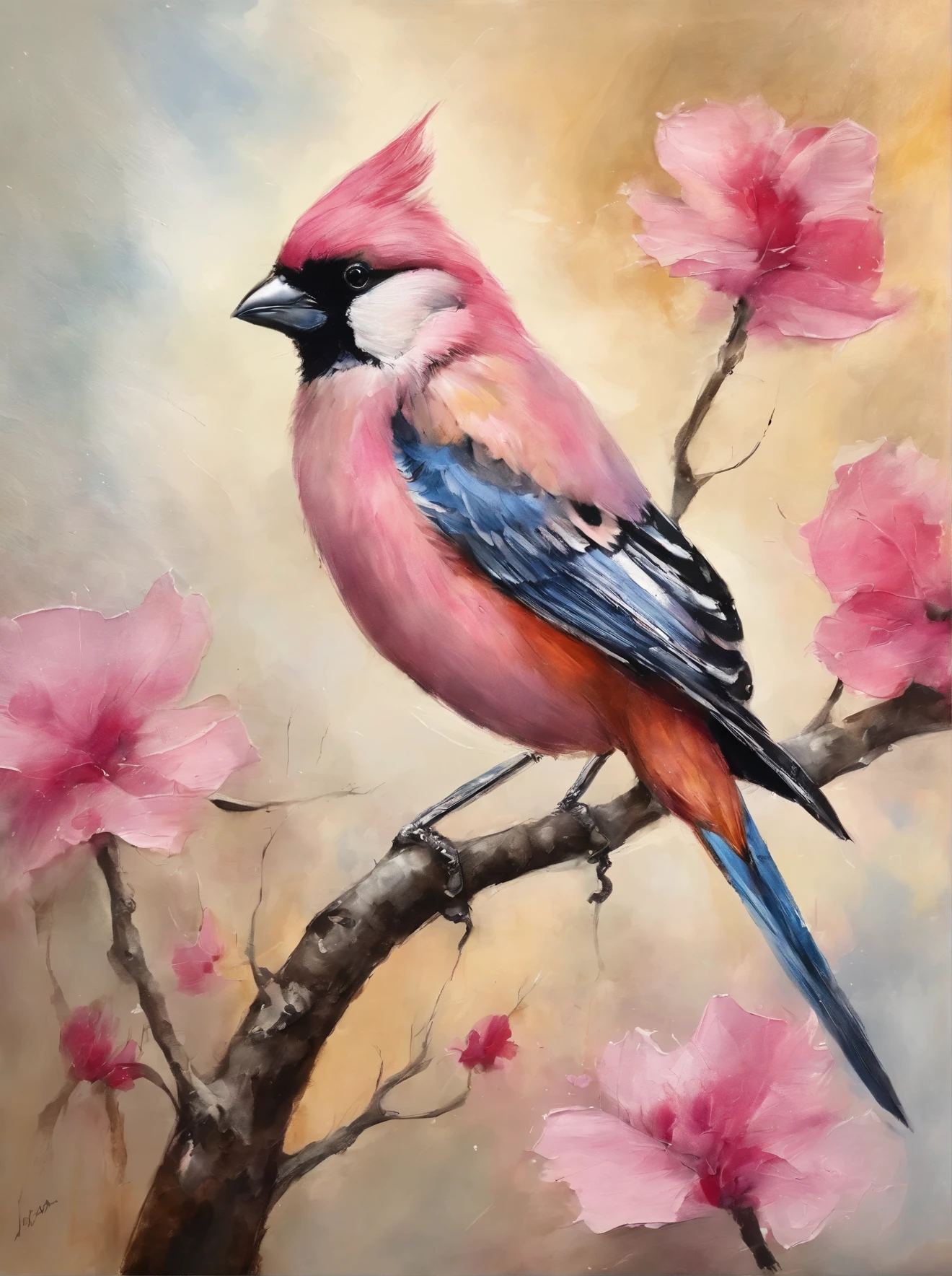 painting of a bird with a pink breast sitting on a branch, a pastel by David Park, Artstation, fine art, painted in acrylic, oil painted, oil painting!!!, acrylic, “ painting, acrylic painting, oil on board, covered in oil painting, beautiful!!!!!!!!!, acrylic and oil painting, very stylized, an oil paiting of a sparrow