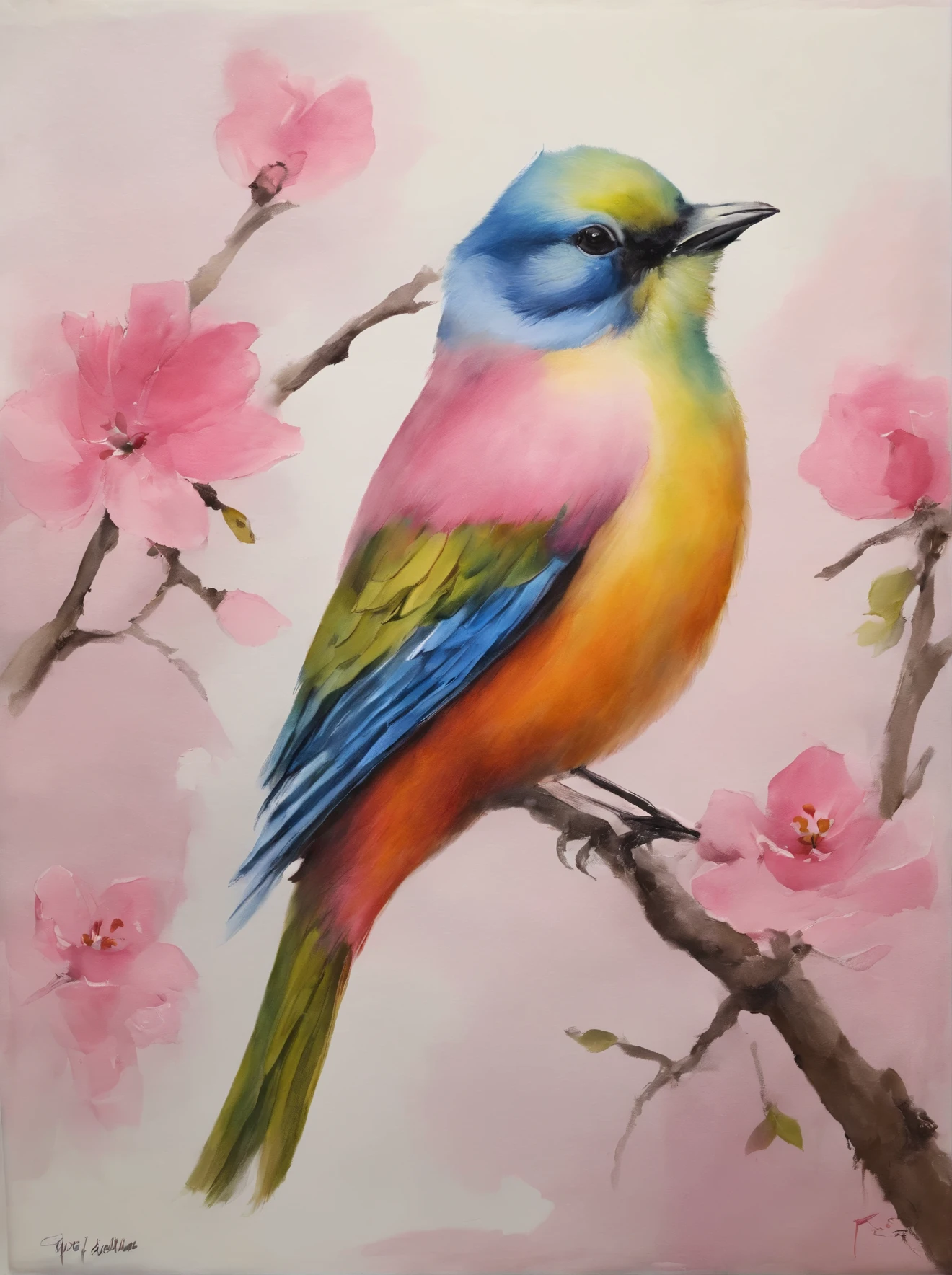 painting of a bird with a pink breast sitting on a branch, by David Park, by Nancy Spero, painted in acrylic, by Lin Liang, by Ma Lin, by Mary Elizabeth Groom, by Mary Byfield, oil painted, by Elizabeth MacNicol, by Chen Lin, by Mary Anne Ansley, by Nancy Stahl, inspired by Paul Bird