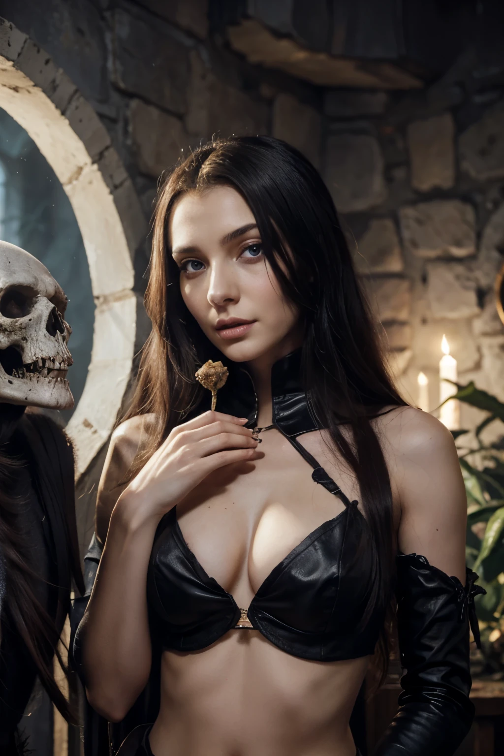Hortor painting in which skinny woman is holding a dead feotus anf have one white eye with hairs open