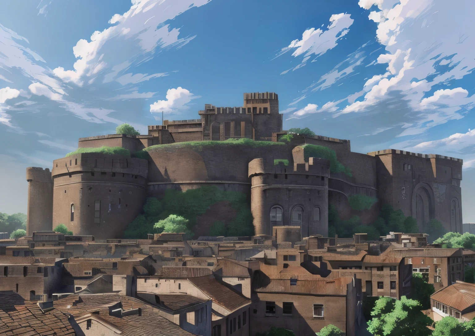 there is a large group of buildings in a city with a sky background, a gigantic wall, attack on titan scenery, giant castle walls, from attack on titan, fortress mega structure city, town background, attack on titan covert art, entire city in view, (attack on titans anime), in attack on titan, background is a city in ruins, wide establishing shot, make the image look realistic, and with realistic texture