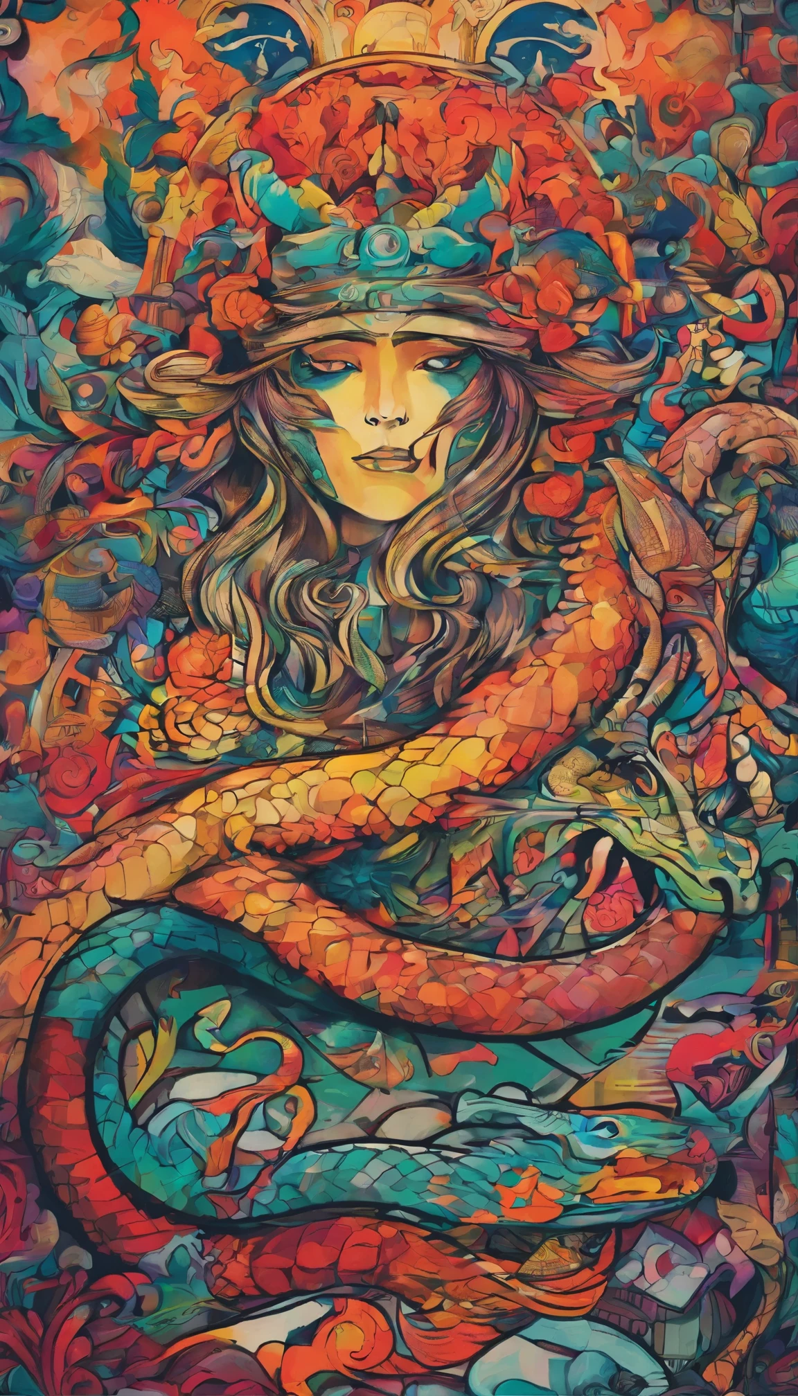 dream colors,tmasterpiece,the detail,film effect,((Rich in color)),mito,An evil creature, Snake body,Sheep horns,A monkey head,Shiny hair,manticore,Rush to the audience,Line,