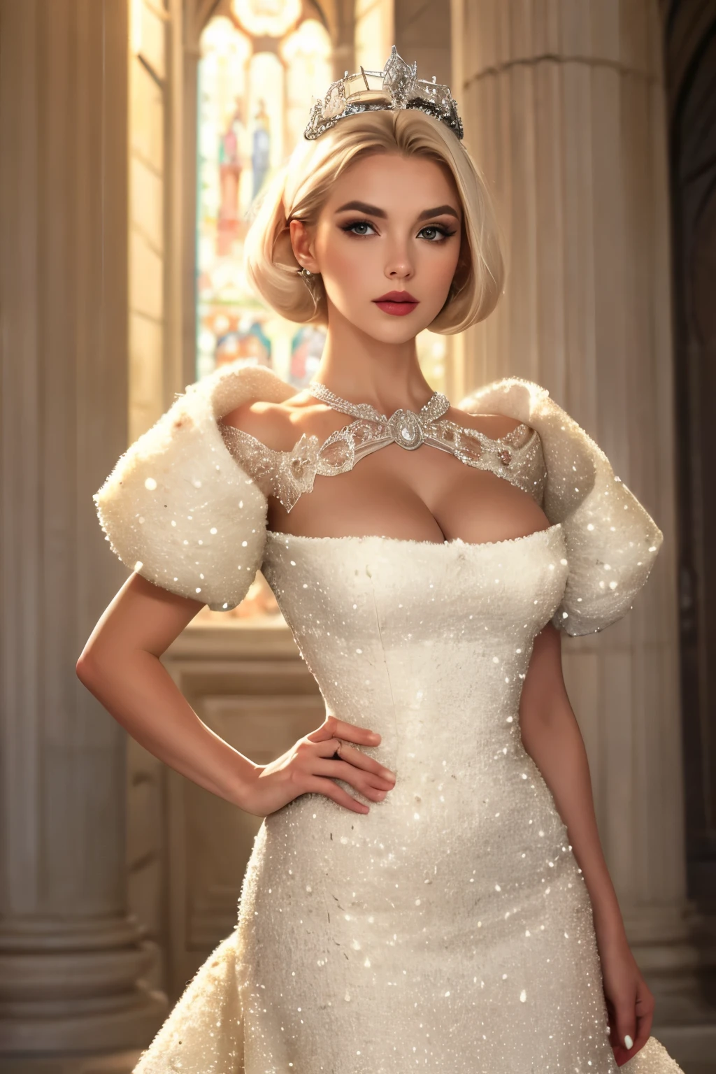 adult beautiful woman, high quality, best quality, highres, high detail platinum blonde hair, (haute couture), chignon hair ,jacket, short sleeves, standing, cleavage, tiara, (cathedral, ornate), ((rim lighting)) (shadows)  hand on hip,