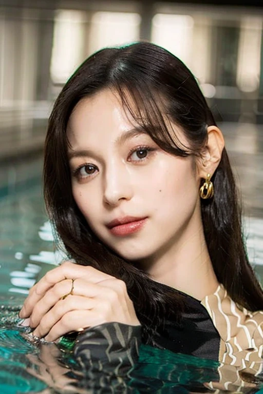 (highest quality、8k、masterpiece)、One Girl、Beautiful Japanese Women、Small waist、Beautiful woman with perfect style:1.4、Huge :1.3、Detailed painted face、Laughter、Night Poolside、Swimwear、Midnight、((Night Pool))、Lying face down、Wet skin