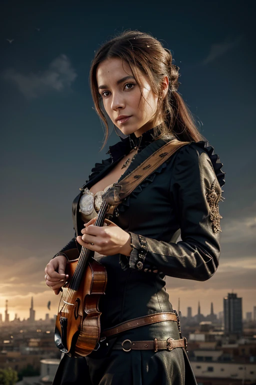 Violinista steampunk, against the backdrop of a fantastic steampunk city, Steampunk tocando violino, olhos expressivos, rosto perfeito, Dynamic scene, Dynamic light, alta qualidade, pintura digital, golden ratio, premiado, Profissional, altamente detalhado, intricado, volumetric lighting, Maravilhoso, Obra de arte, sharp focus, profundidade de campo, Motor irreal, perfect composition, arte digital no pixiv, art station, 32k, HDR