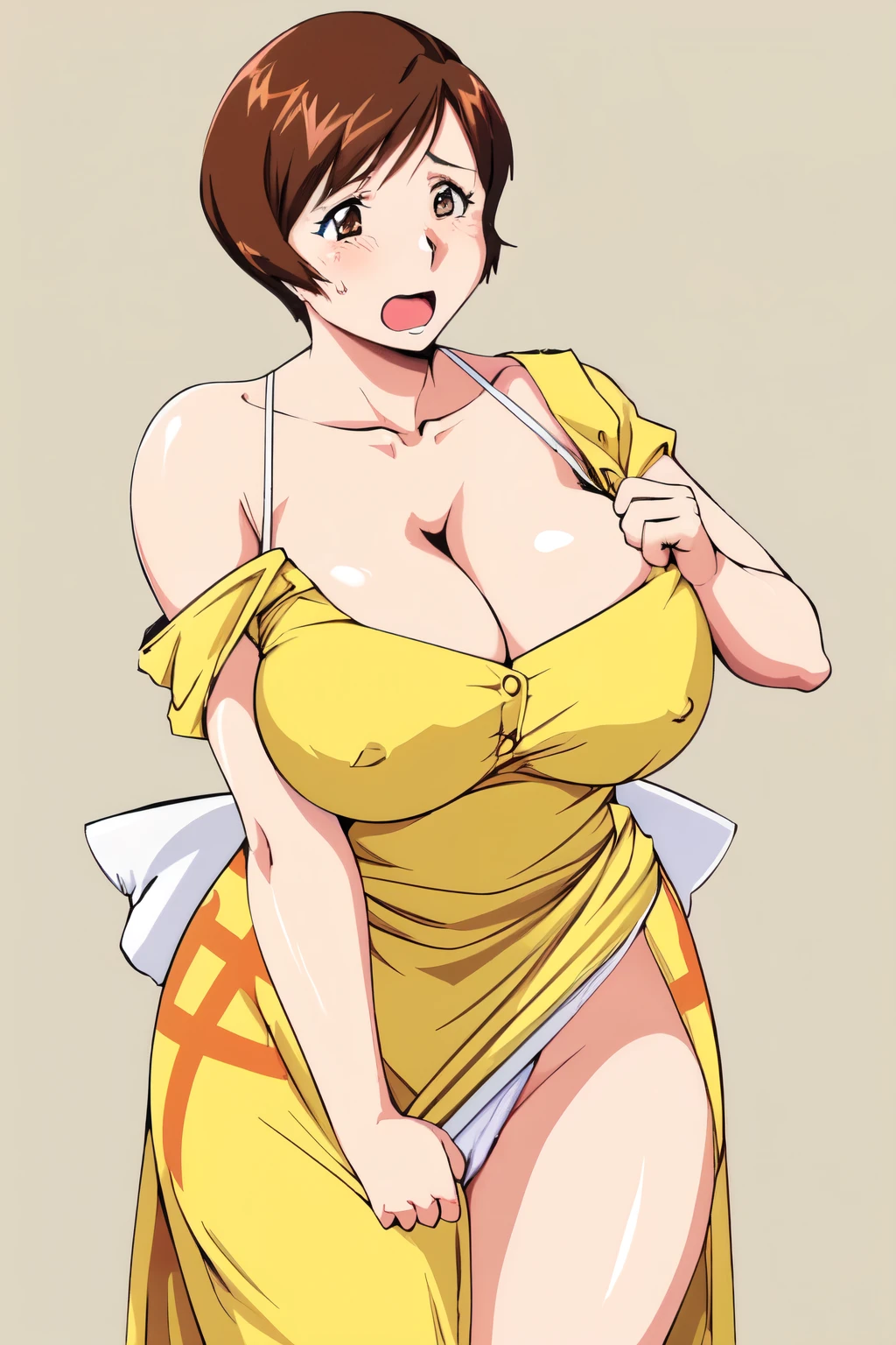 masterpiece, highest quality, High resolution, One Girl, alone, alone, sexual intercourse, Pornographic image, short hair, etsukoto, brown eyes, fine grain, fine grain, (((Thick thighs, Plump thighs, Voluptuous thighs, Thighs are enough))), Big and ample breasts, Cleavage, Huge long breasts, Naughty big,((Big breasts are important))、((Naughty thighs)), L Cup, (thin:1.4),(Tight waist:1.4), (yellow dress:1.4), ((white waist apron)), Embarrassed look, open mouth, white panties, (((Simple Background))), ((Wide Hips)), Shiny, Oily skin, Mature mother, Calf, Seductive mature woman, Perfect body, Plus Size Model, etsukoto, blush, clavicle, retro artstyle, 1990s (style), (((dress aside, undressing dress, strap slip, bare shoulder))), ((nsfw)),