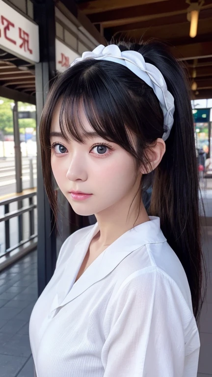 8K、Detailed Description、Very high definition、Realistic、reality的、Real、live-action、reality、High resolution、Nogizaka46、japanese idol,beautiful girl、21 years old、Angle of view that allows you to see the whole body、Mouth closed、ponytail、Railway stations、、Plaid、Very black hair、pretty girl、Beauty、Glowing Skin、Glowing Skin、Shiny Hair、Very white skin、Headband、Heavy makeup、Large Breasts、Slit eyes、Big Eyes、Double eyelids、Don't show your teeth、Looking up、Bend over and peer at me、smile、