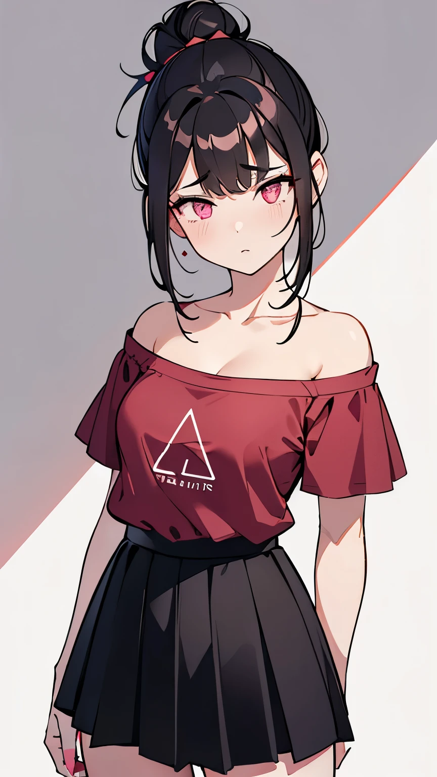 (Girl1,triangle face,pink eyes),(black hair,messy bun hairstyle),(red t-shirt off-the-shoulder neckline,mini skirt),standing,white wallpaper,Highly detailed ,8K wallpapers،Highest quality, high resolution, beautiful lighting, detailed shadow,high resolution،highly detailed,detailed faces and eyes,realistic eyes