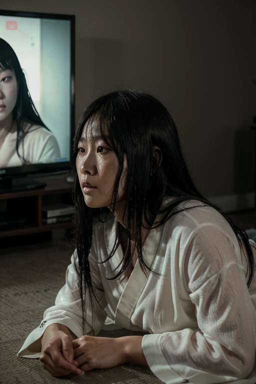 sadako, immersion, Wet robe, pele de cor cinza, O cabelo cobre o rosto, sexy para.sadako crawled out of the TV，A woman lying on the floor in front of the TV, japanese horror, estilo de hajime isayama, japanese horror movie footage, Junji Ito 4K, japanese pop surrealism
