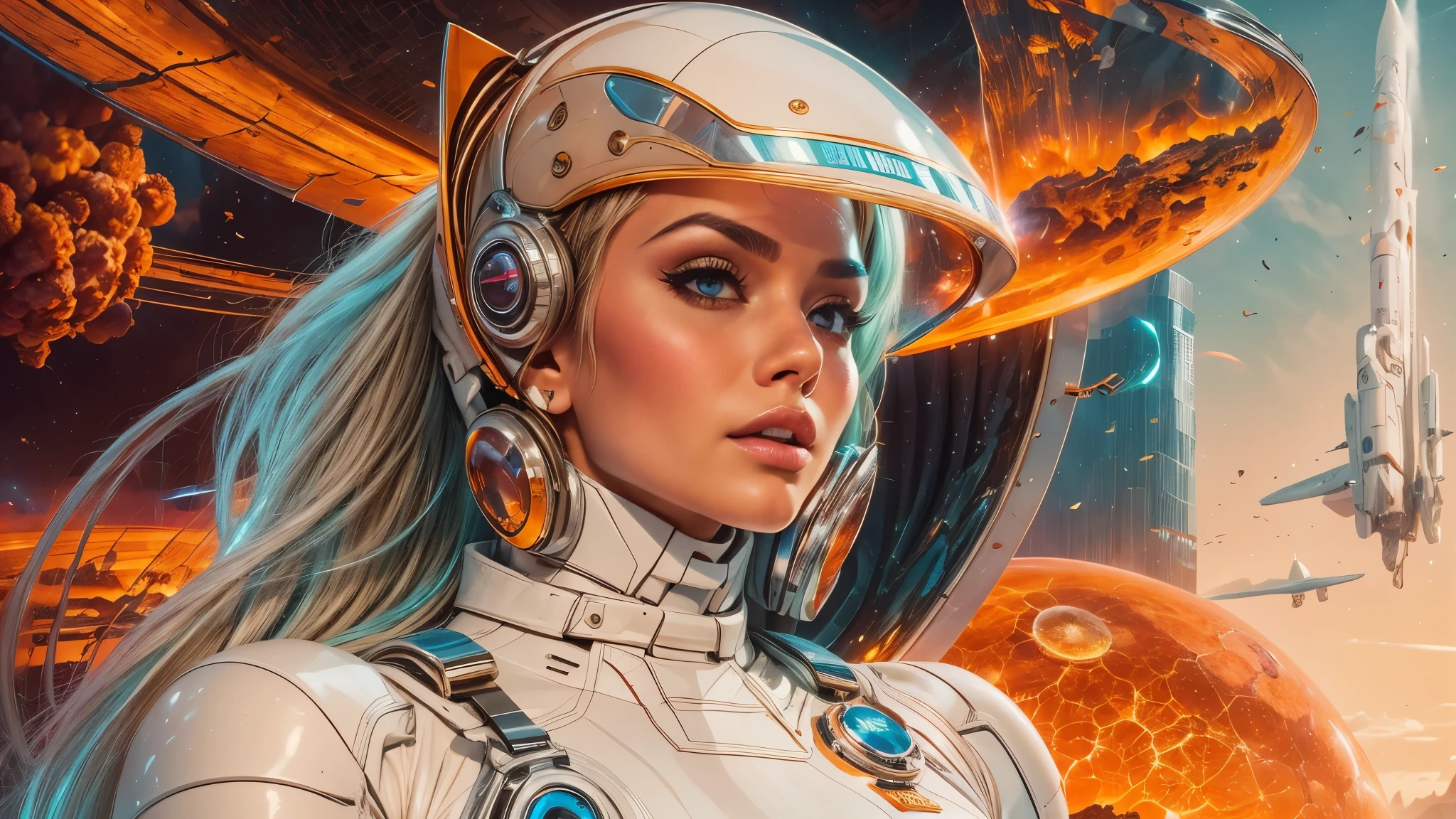 arafed image of a white woman in a futuristic suit with a spaceship in the background, movie art, in front of an orange background, inspired by Robert McGinnis, female protagonist, megastructure in the background, portrait of an ai astronaut, astronauts, an astronaut, portrait of a astronaut skeletor, perfect android girl, detailed eyes, perfectly detailed teeth, frank franzzeta and sakimichan