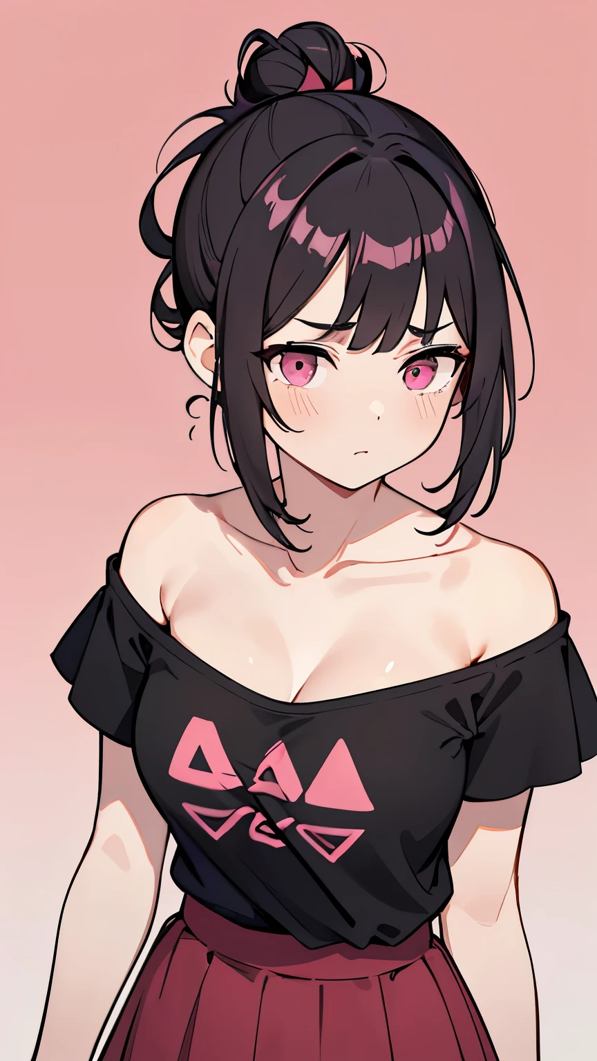 (Girl1,triangle face,pink eyes),(black hair,messy bun hairstyle),(red t-shirt off-the-shoulder neckline,mini skirt),standing,white wallpaper,Highly detailed ,8K wallpapers،Highest quality, high resolution, beautiful lighting, detailed shadow,high resolution،highly detailed,detailed faces and eyes,realistic eyes