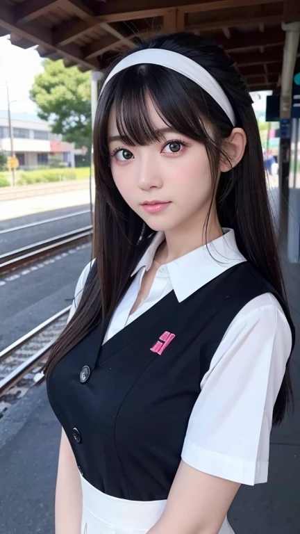 8K、Detailed Description、Very high definition、Realistic、reality的、Real、live-action、reality、High resolution、Nogizaka46、japanese idol,beautiful girl、21 years old、Angle of view that allows you to see the whole body、Mouth closed、ponytail、Railway stations、school uniform、チェック柄の高校の、Very black hair、pretty girl、Beauty、Glowing Skin、Glowing Skin、Shiny Hair、Very white skin、Headband、Heavy makeup、Large Breasts、Slit eyes、Big Eyes、Double eyelids、Don't show your teeth、Looking up、Bend over and peer at me、smile、