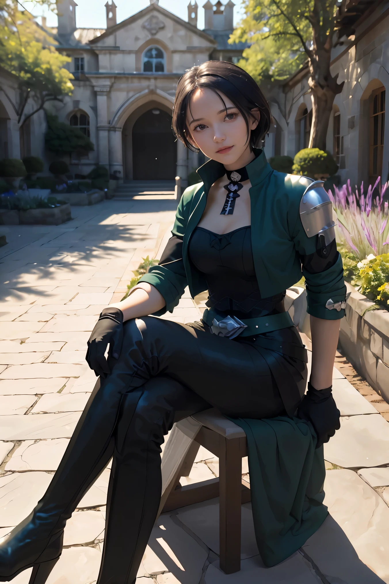 masterpiece, best quality, defShamir, collar, shoulder pad, black shirt, black gloves, bodice, green jacket, green belt, black pants, green boots, sitting, courtyard, medieval architecture, garden, looking at viewer, serious, (smile:0.6) 