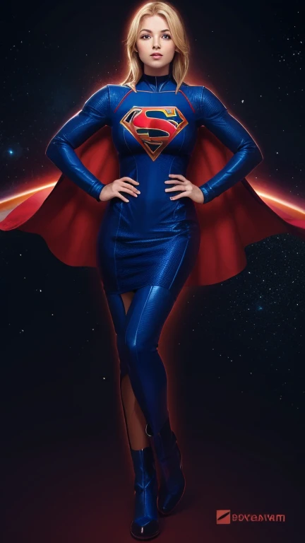 Supergirl in action pose, blond hair, perfect costume, traditional blue suit, traditional red cape,smooth curves, beautiful face, space and planets in background 
