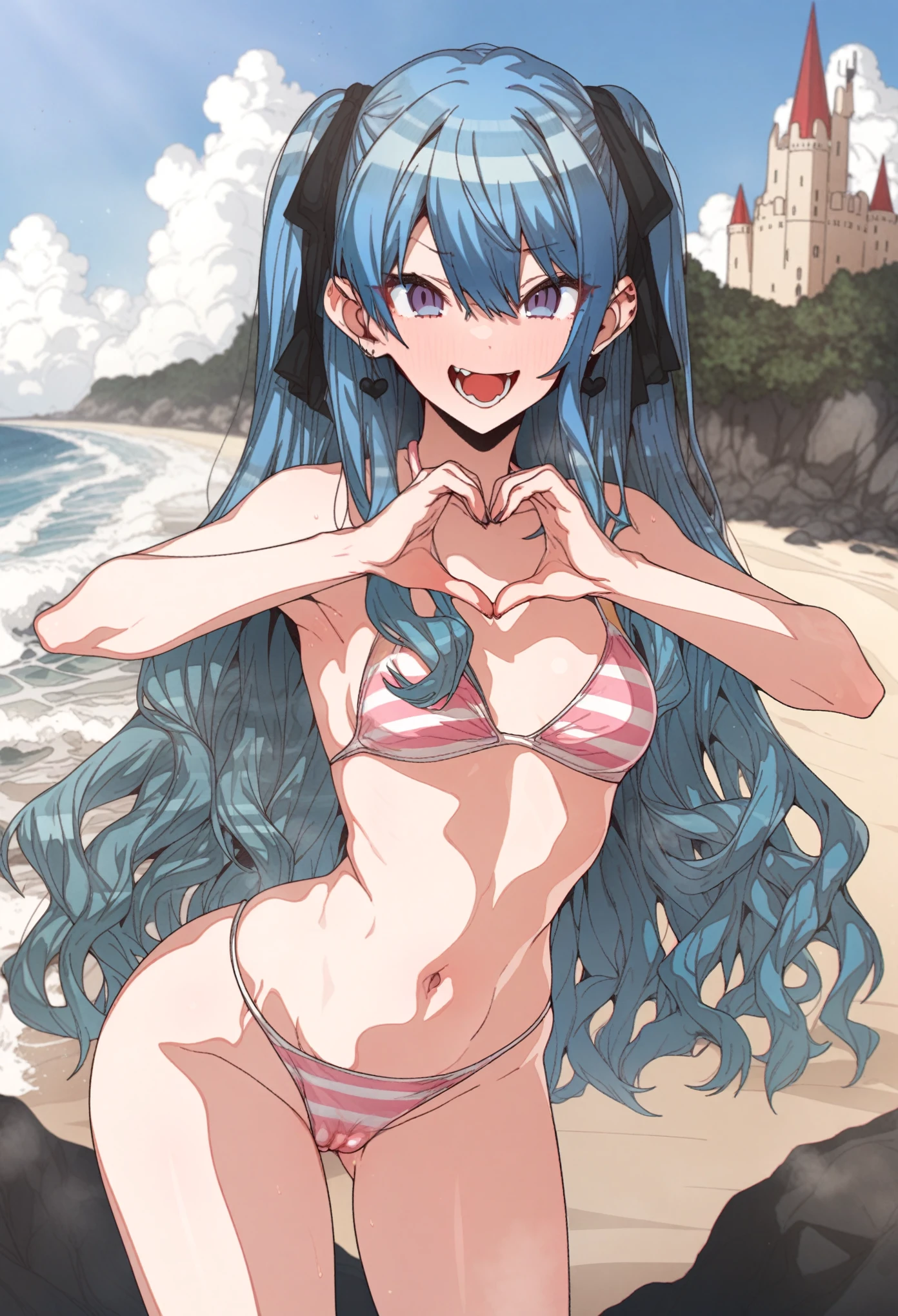 hoshimachi_suisei, Artist, erere, Copyrights, idolmaster, idolmaster_shiny_colors, Character, General, 1girl, blue_hair, wavy_bangs, blush, breasts, smile, heart_hands, brown_eyes, censored, long_hair, medium_breasts, striped bikini, pink_bikini, frilled_bikini, navel, open_mouth, raised_eyebrow, teeth, two_side_up, ((full_body)) (standing_split cameltoe), sky, [detailed beach in background, sand buckets behind character, sand castle, waves, sand, outdoors], looking_at_viewer, facing_viewer, masterpiece, best_quality, great_quality, girl, solo, center_composition, centered character, medium_shot,
