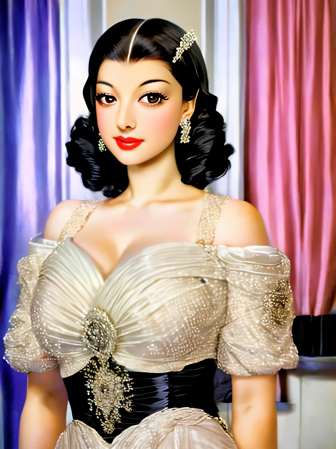 a black and white photo of a woman in a dress, a pastel by George Hurrell, flickr, op art, circa 1940s, old hollywood, 1940s, 1 9 4 0 s, maria callas, vintage noir, 1930s, 1 9 3 0 s, circa 1958