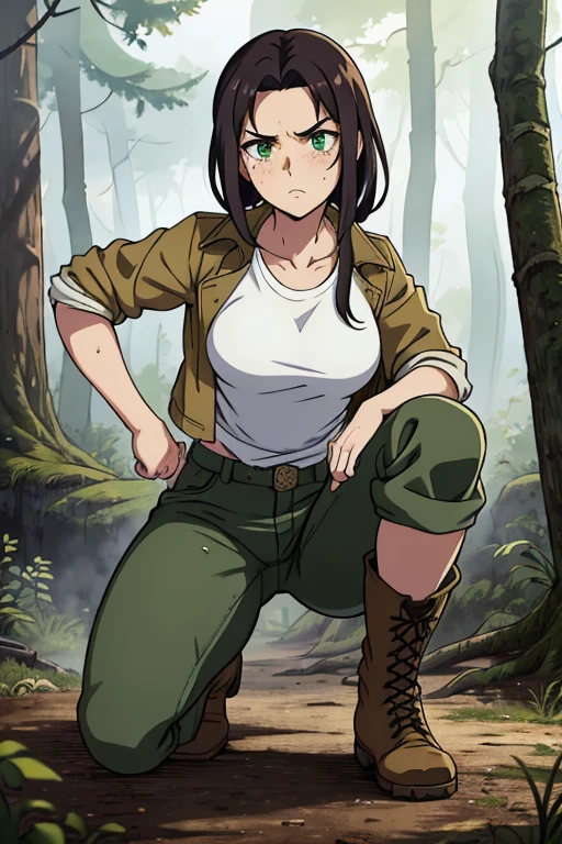 -Anime Style- -High Quality- -work of art- A beautiful woman, dark tied hair, green eyes, freckles, a scar on her face, dirty, wearing a dirty white t-shirt, with a worn jacket, long torn and dirty pants, military boots, serious expression, training in a burned forest
