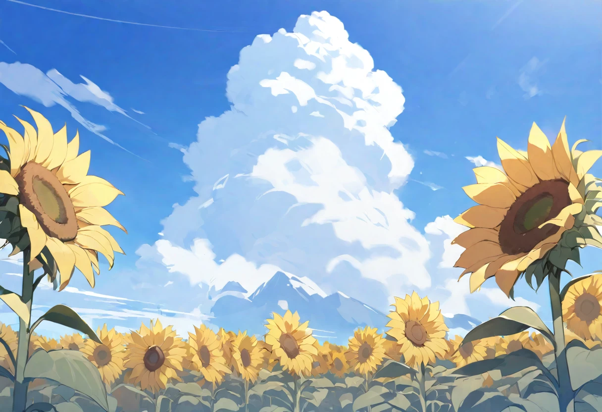 sunflower, blue sky, blue sky, cumulonimbus, grassland, from below