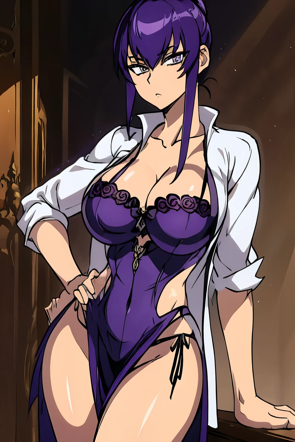 Saeko Busujima, high quality, best quality, highres, high detail platinum purple hair, (haute couture), chignon hair ,jacket, short sleeves, standing, cleavage, tiara, (cathedral, ornate), ((rim lighting)) (shadows) hand on hip,