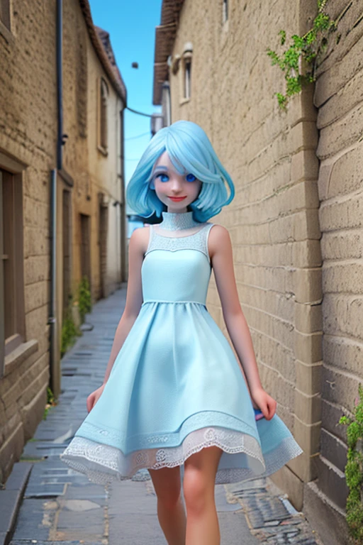 high resolution,high quality,Girl1people,Light blue hair,semi-long,Sleeveless dress,White dress,looking at the camera,smile,Cobblestone road,Blue sky,Low Gaze