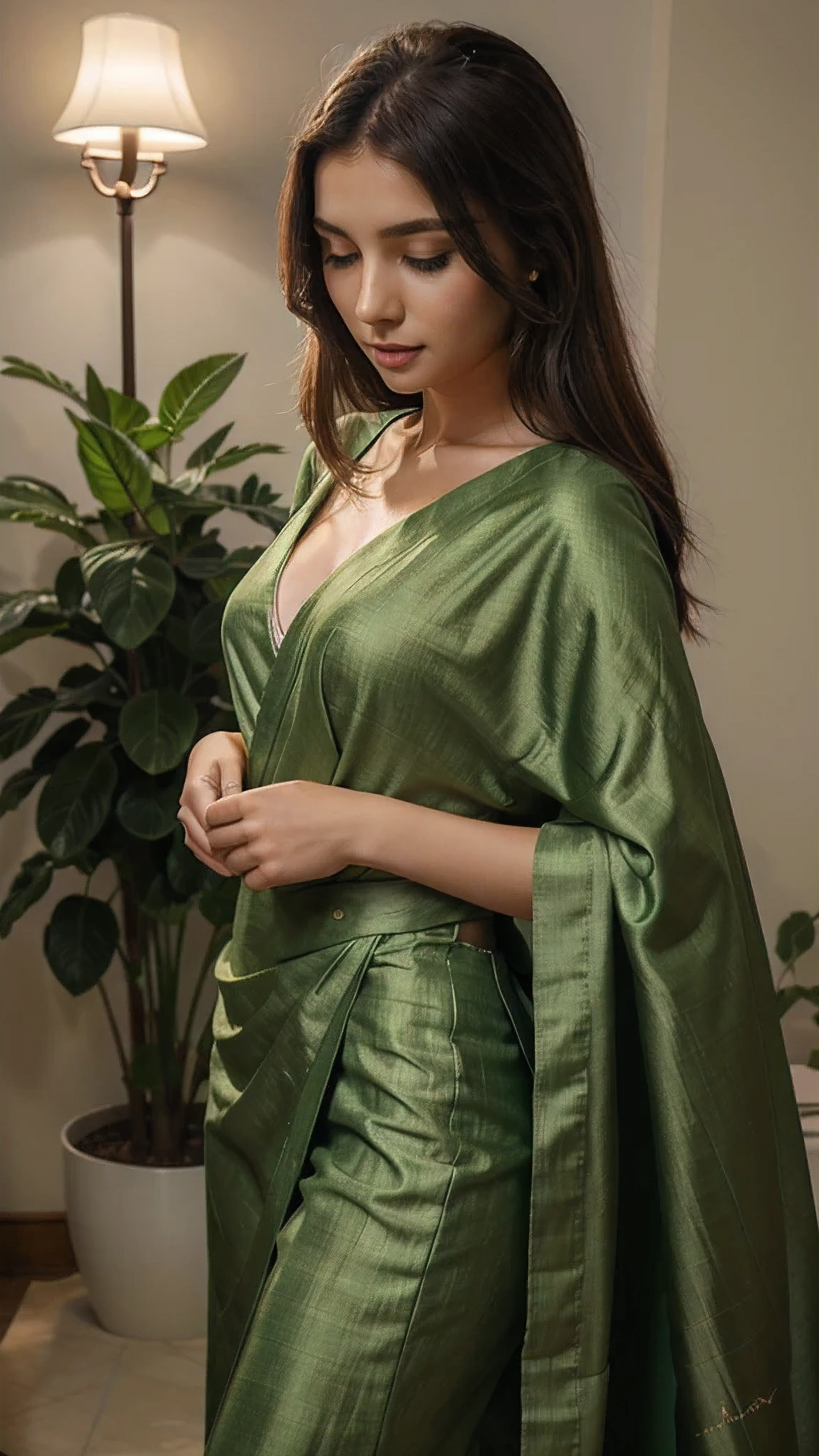A beautiful girl waring a beautiful greenish cloth for a luxury cloth selling website promotion photoshoot