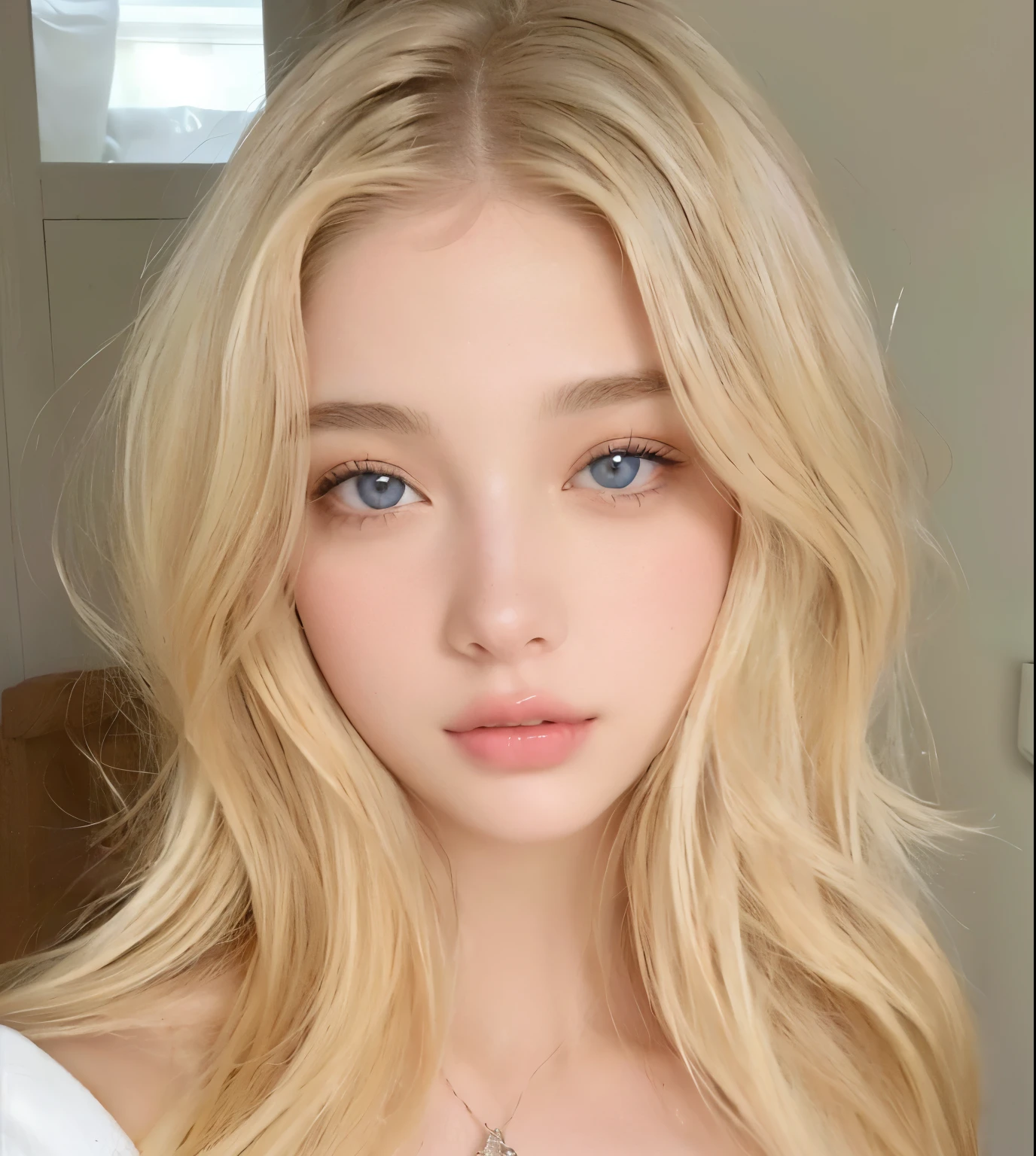 un primer plano de una mujer con cabello largo y rubio y ojos azules, pale skin, suave e impecable, pale skin cabello rubio rizado, long cabello rubio y ojos grandes, cabello rubio y ojos grandes, pale skin y brillante, pelo largo y rubio y ojos grandes, cara perfecta ), pale skin suave natural, pale round face, una chica con cabello rubio, cara extremadamente hermosa, cara muy bonita winter de aespa