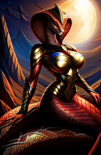  cobra, whole body, female, leg, legless большой бюст, sexual, Fluffy body, detailed scales, scarlet scales,dressed, Viperarmor, (slit pupils), big breasts, spectacular pose, seductive look, fantasy art style, sparkling eyes, Twisted tail, a high resolution, masterful blows, Complex patterns