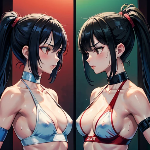 Wearing a monokini。Two beautiful young Japanese female mixed martial artists fighting in the Octagon。Rivals。Covered in blood。Face、They look each other in the eye, glare at each other, and punch each other.。Throwing punches。Intense fistfights。Extremely sweaty。Black Hair。Erect nipples。