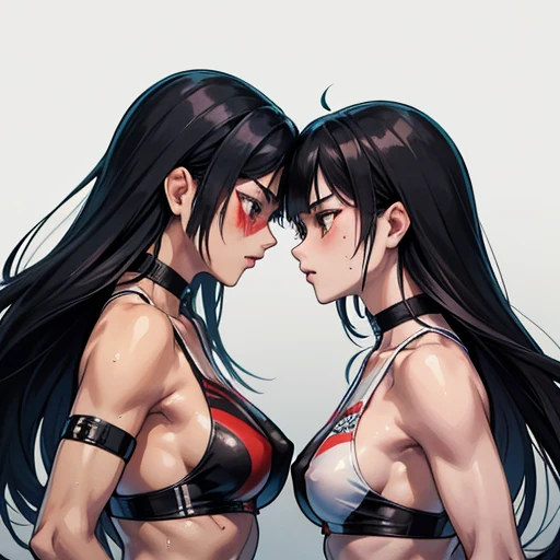 Wearing a monokini。Two beautiful young Japanese female mixed martial artists fighting in the Octagon。Rivals。Covered in blood。Face、They look each other in the eye, glare at each other, and punch each other.。Throwing punches。Intense fistfights。Extremely sweaty。Black Hair。Erect nipples。