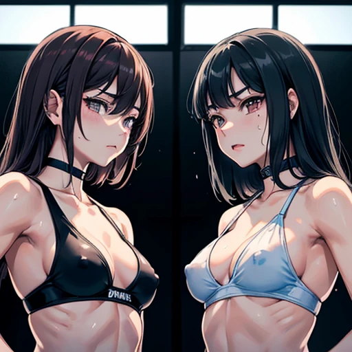 Wearing a monokini。Two beautiful young Japanese female mixed martial artists fighting in the Octagon。Rivals。Covered in blood。Face、They look each other in the eye, glare at each other, and punch each other.。Throwing punches。Intense fistfights。Extremely sweaty。Black Hair。Erect nipples。