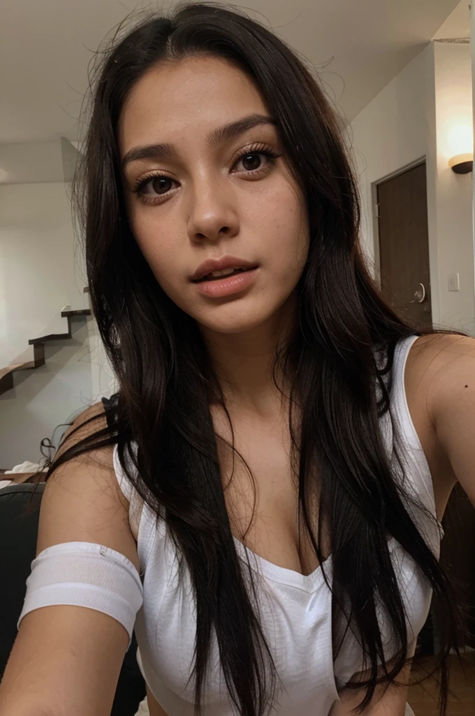 A selfie of a 21-year-old Colombian girl with long, flowing dark hair and striking black eyes, She sucking