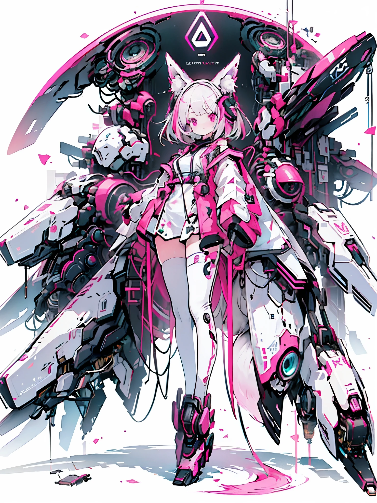 best quality,masterpiece,illustration,1 Girl,Solitary,whole body,Fox ears,Mecha,machine,Fluffy tail,Blank Background,Mechanical leg,(Fluorescent Color:1.5),(Laser purple light:1.1),Fox fire,Fluorescent pink,